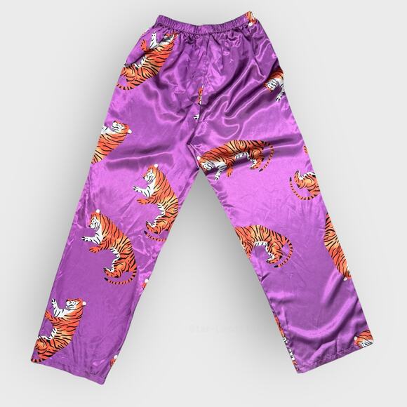 Nasty Gal Tiger Print Pajama Pant 2 Purple Satin Pull On Loungewear Vintage Glam - Picture 4 of 4